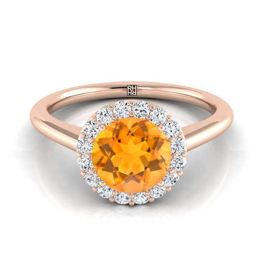 14K Rose Gold Round Brilliant Citrine Shared Prong Diamond Halo Engagement Ring -1/5ctw