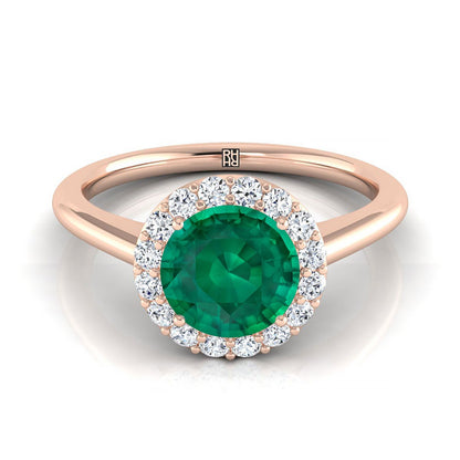 14K Rose Gold Round Brilliant Emerald Shared Prong Diamond Halo Engagement Ring -1/5ctw