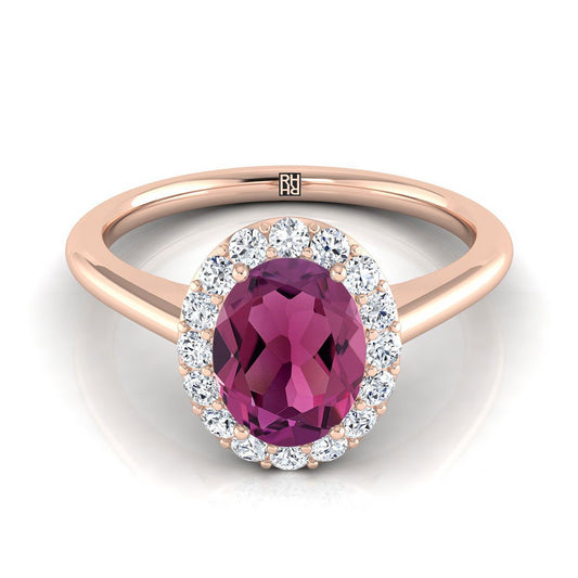 14K Rose Gold Oval Garnet Shared Prong Diamond Halo Engagement Ring -1/5ctw