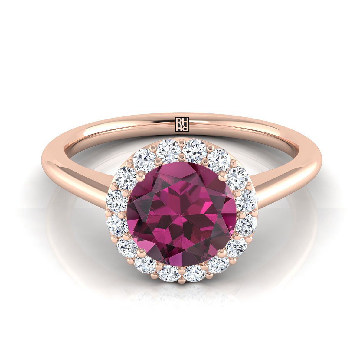 14K Rose Gold Round Brilliant Garnet Shared Prong Diamond Halo Engagement Ring -1/5ctw