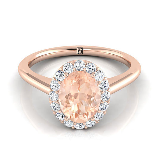 14K Rose Gold Oval Morganite Shared Prong Diamond Halo Engagement Ring -1/5ctw