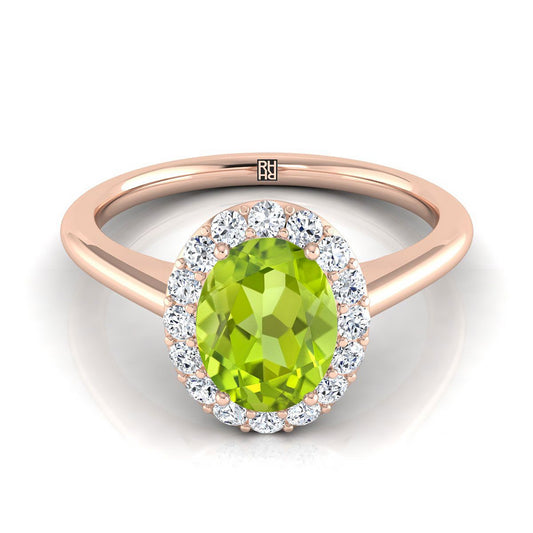 14K Rose Gold Oval Peridot Shared Prong Diamond Halo Engagement Ring -1/5ctw
