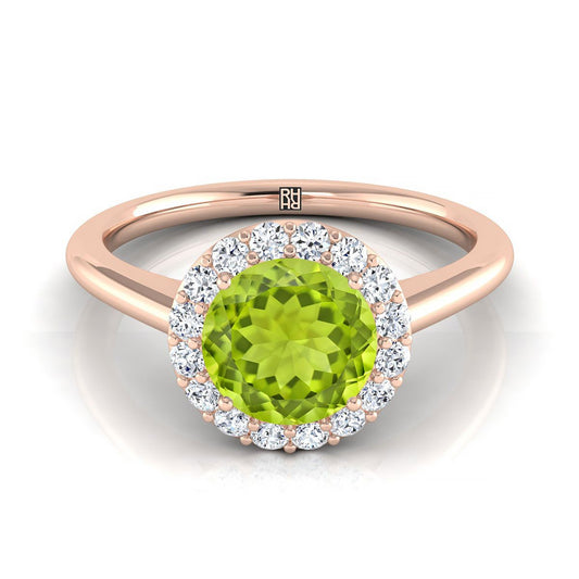 14K Rose Gold Round Brilliant Peridot Shared Prong Diamond Halo Engagement Ring -1/5ctw