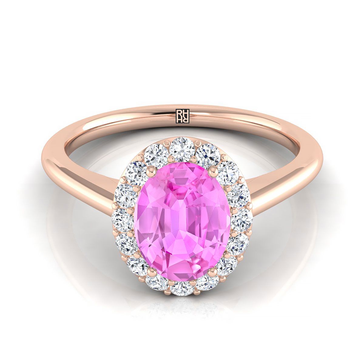 14K Rose Gold Oval Pink Sapphire Shared Prong Diamond Halo Engagement Ring -1/5ctw