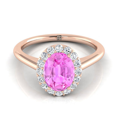 14K Rose Gold Oval Pink Sapphire Shared Prong Diamond Halo Engagement Ring -1/5ctw