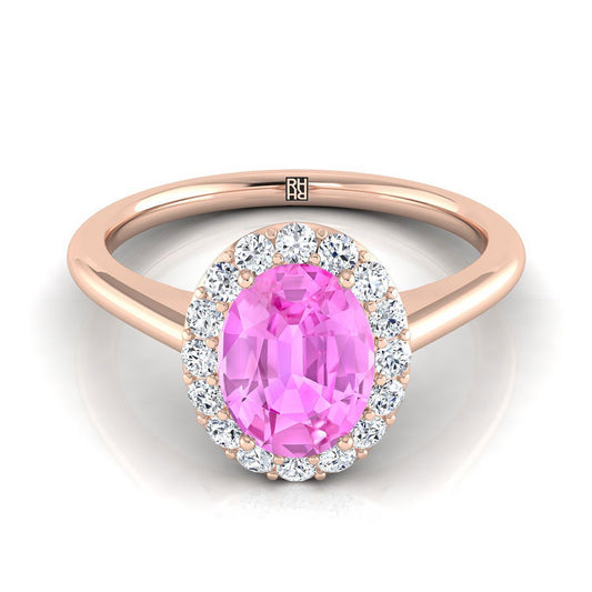 14K Rose Gold Oval Pink Sapphire Shared Prong Diamond Halo Engagement Ring -1/5ctw