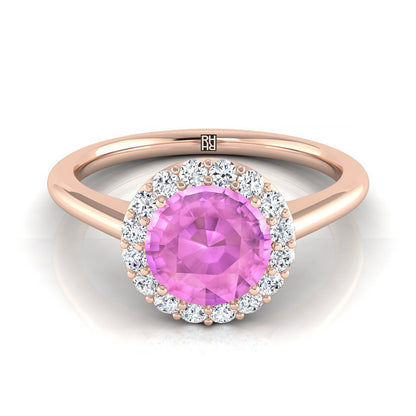 14K Rose Gold Round Brilliant Pink Sapphire Shared Prong Diamond Halo Engagement Ring -1/5ctw