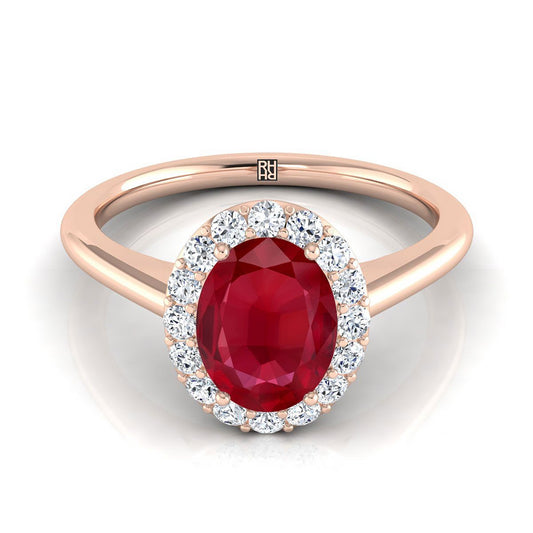 14K Rose Gold Oval Ruby Shared Prong Diamond Halo Engagement Ring -1/5ctw