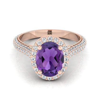 14K Rose Gold Oval Amethyst Micro-Pavé Halo With Pave Side Diamond Engagement Ring -7/8ctw