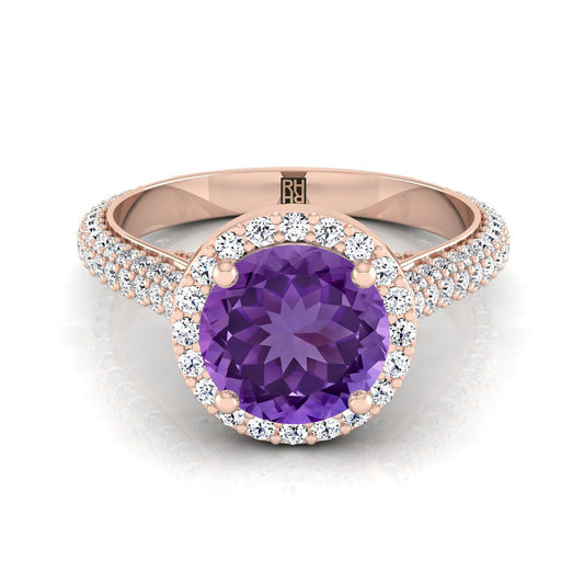 14K Rose Gold Round Brilliant Amethyst Micro-Pavé Halo With Pave Side Diamond Engagement Ring -7/8ctw