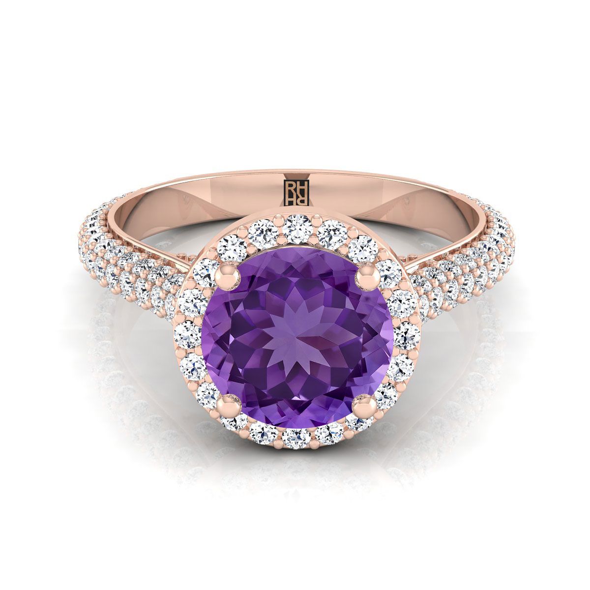 14K Rose Gold Round Brilliant Amethyst Micro-Pavé Halo With Pave Side Diamond Engagement Ring -7/8ctw