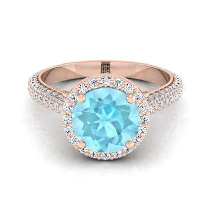 14K Rose Gold Round Brilliant Aquamarine Micro-Pavé Halo With Pave Side Diamond Engagement Ring -7/8ctw