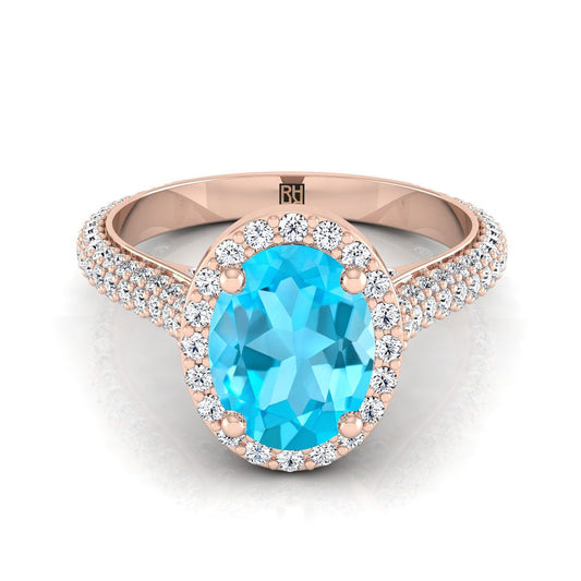 14K Rose Gold Oval Swiss Blue Topaz Micro-Pavé Halo With Pave Side Diamond Engagement Ring -7/8ctw