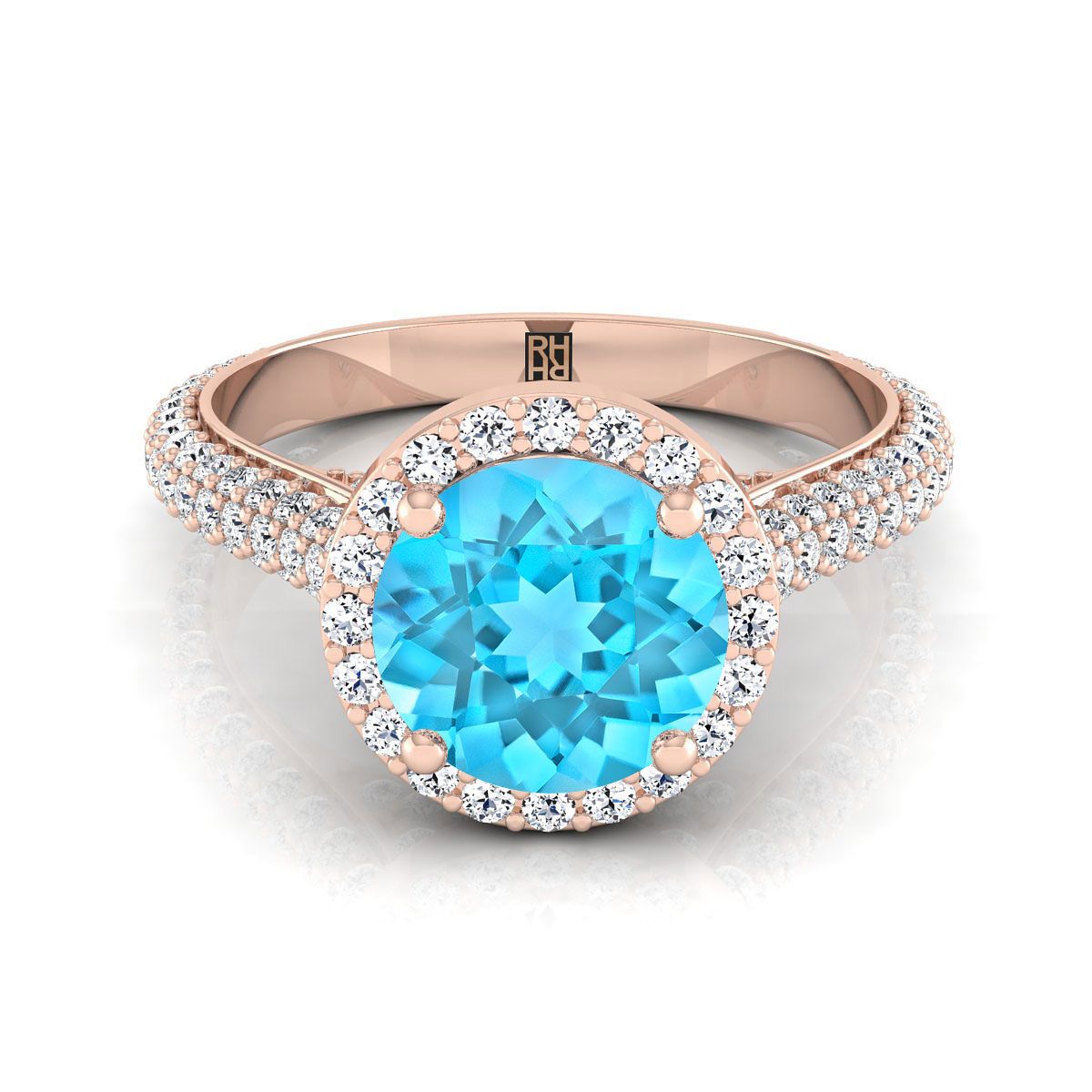 14K Rose Gold Round Brilliant Swiss Blue Topaz Micro-Pavé Halo With Pave Side Diamond Engagement Ring -7/8ctw