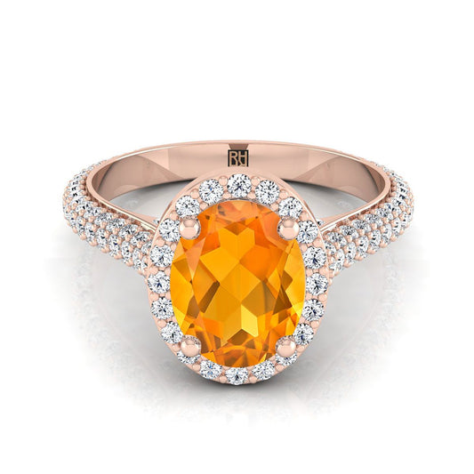 14K Rose Gold Oval Citrine Micro-Pavé Halo With Pave Side Diamond Engagement Ring -7/8ctw