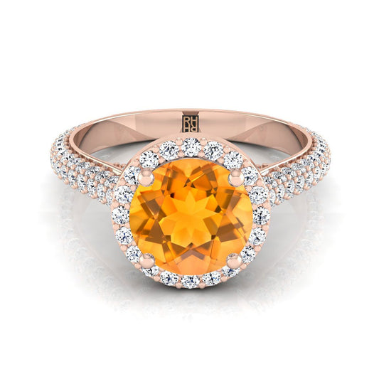 14K Rose Gold Round Brilliant Citrine Micro-Pavé Halo With Pave Side Diamond Engagement Ring -7/8ctw