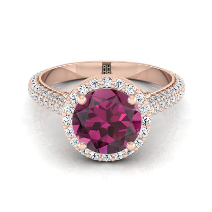 14K Rose Gold Round Brilliant Garnet Micro-Pavé Halo With Pave Side Diamond Engagement Ring -7/8ctw