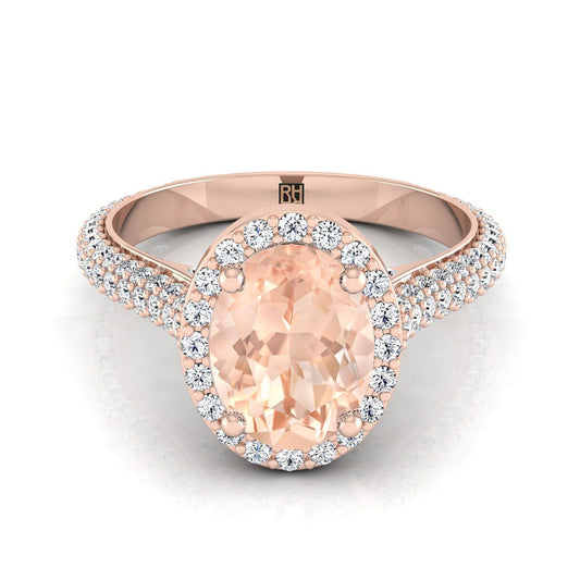 14K Rose Gold Oval Morganite Micro-Pavé Halo With Pave Side Diamond Engagement Ring -7/8ctw