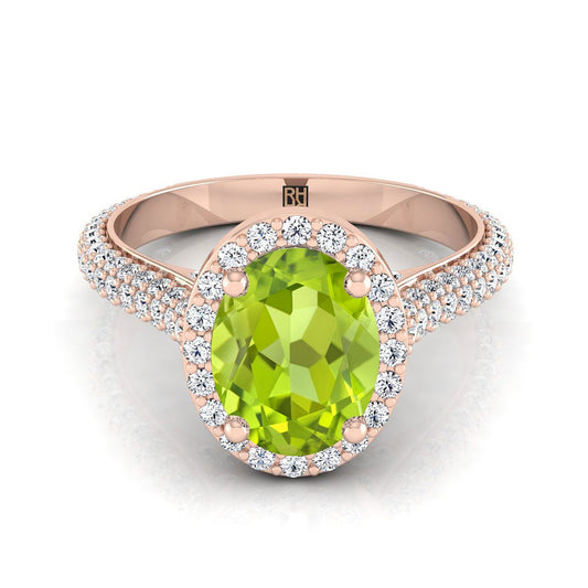 14K Rose Gold Oval Peridot Micro-Pavé Halo With Pave Side Diamond Engagement Ring -7/8ctw