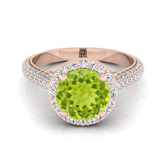 14K Rose Gold Round Brilliant Peridot Micro-Pavé Halo With Pave Side Diamond Engagement Ring -7/8ctw