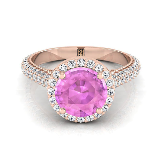 14K Rose Gold Round Brilliant Pink Sapphire Micro-Pavé Halo With Pave Side Diamond Engagement Ring -7/8ctw