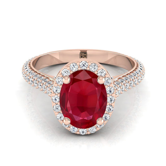 14K Rose Gold Oval Ruby Micro-Pavé Halo With Pave Side Diamond Engagement Ring -7/8ctw