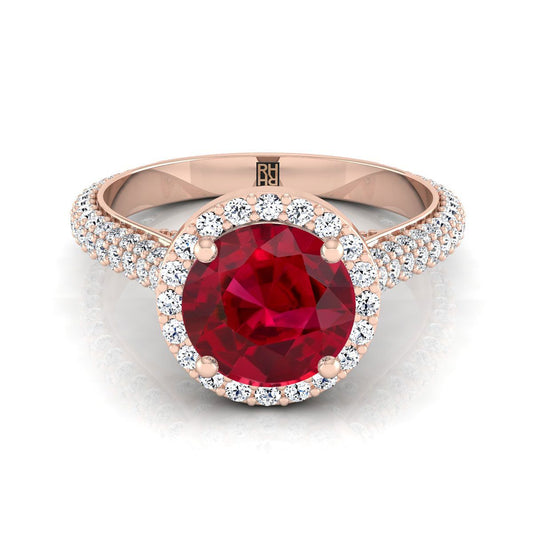 14K Rose Gold Round Brilliant Ruby Micro-Pavé Halo With Pave Side Diamond Engagement Ring -7/8ctw