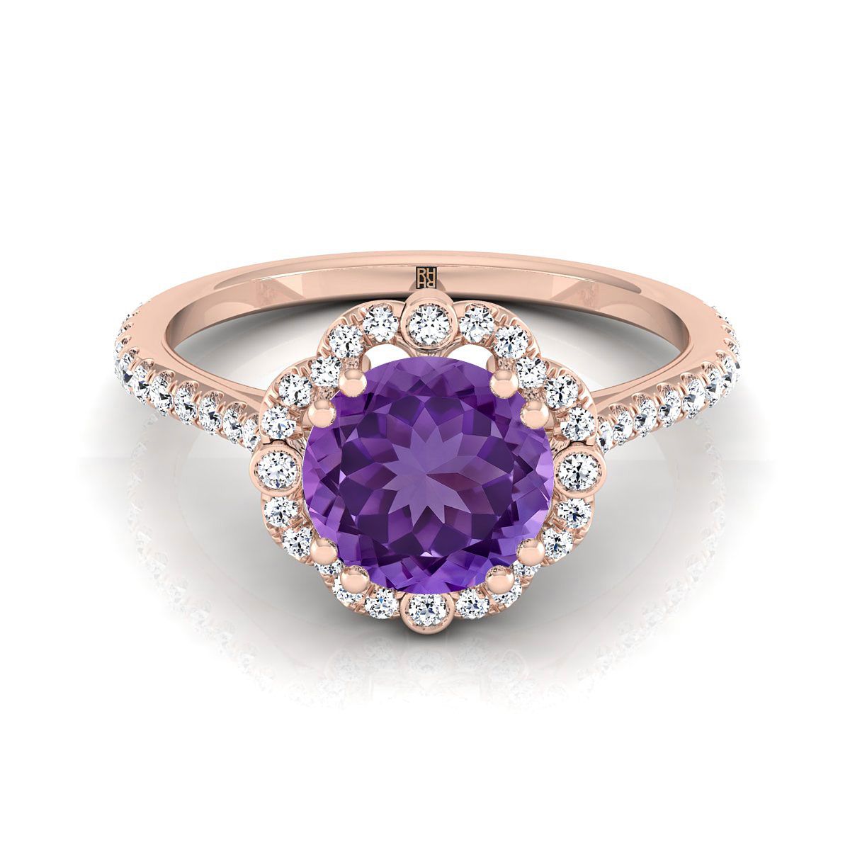 14K Rose Gold Round Brilliant Amethyst Ornate Diamond Halo Vintage Inspired Engagement Ring -1/4ctw