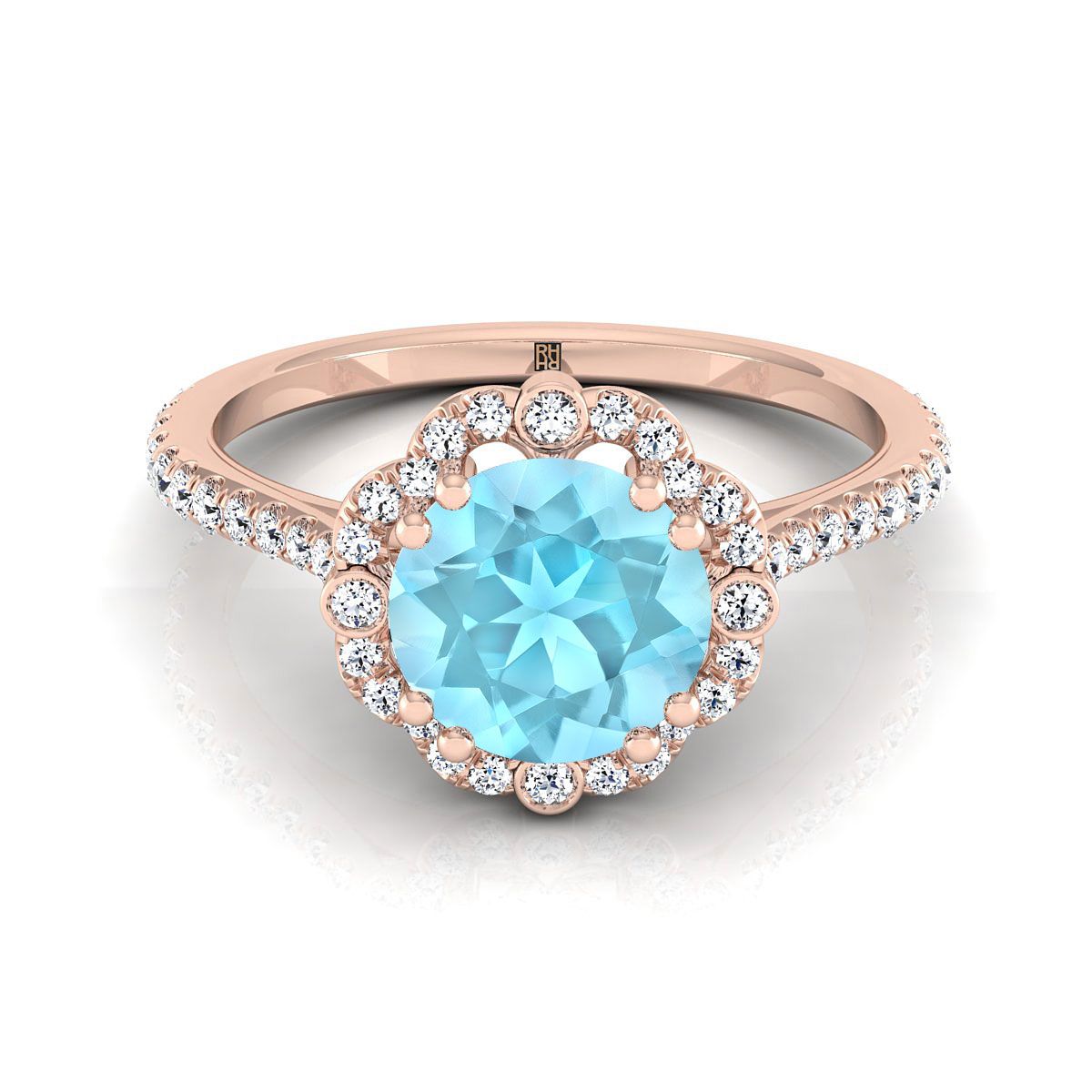14K Rose Gold Round Brilliant Aquamarine Ornate Diamond Halo Vintage Inspired Engagement Ring -1/4ctw