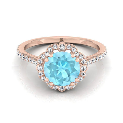 14K Rose Gold Round Brilliant Aquamarine Ornate Diamond Halo Vintage Inspired Engagement Ring -1/4ctw