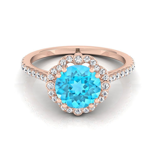 14K Rose Gold Round Brilliant Swiss Blue Topaz Ornate Diamond Halo Vintage Inspired Engagement Ring -1/4ctw