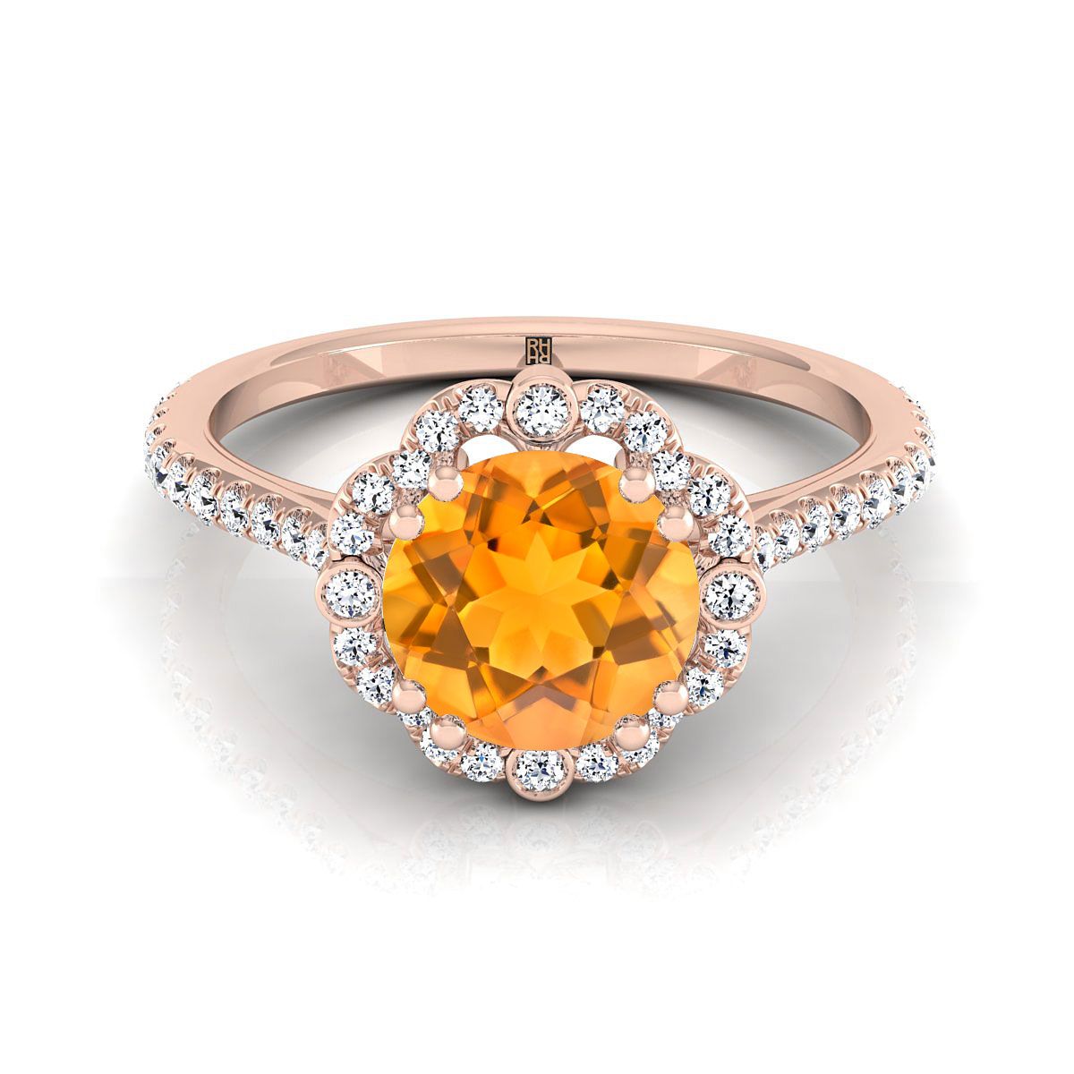 14K Rose Gold Round Brilliant Citrine Ornate Diamond Halo Vintage Inspired Engagement Ring -1/4ctw