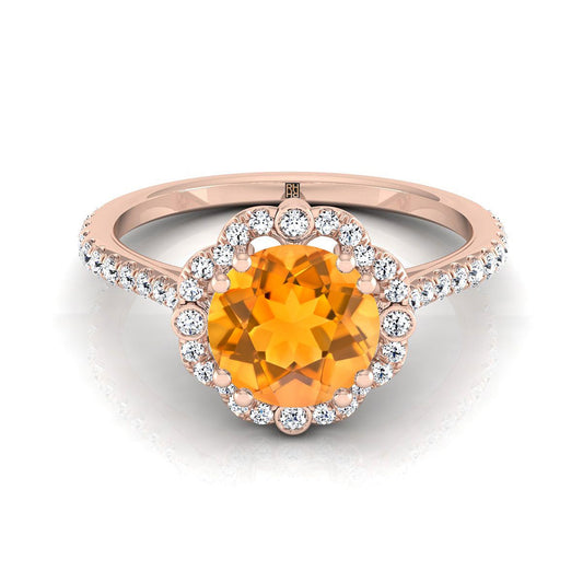 14K Rose Gold Round Brilliant Citrine Ornate Diamond Halo Vintage Inspired Engagement Ring -1/4ctw
