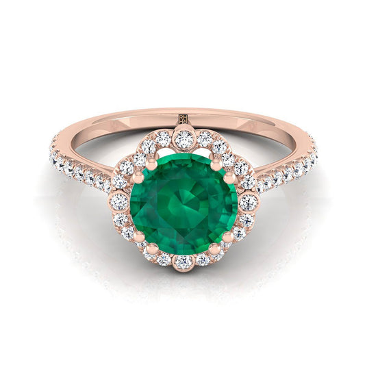 14K Rose Gold Round Brilliant Emerald Ornate Diamond Halo Vintage Inspired Engagement Ring -1/4ctw