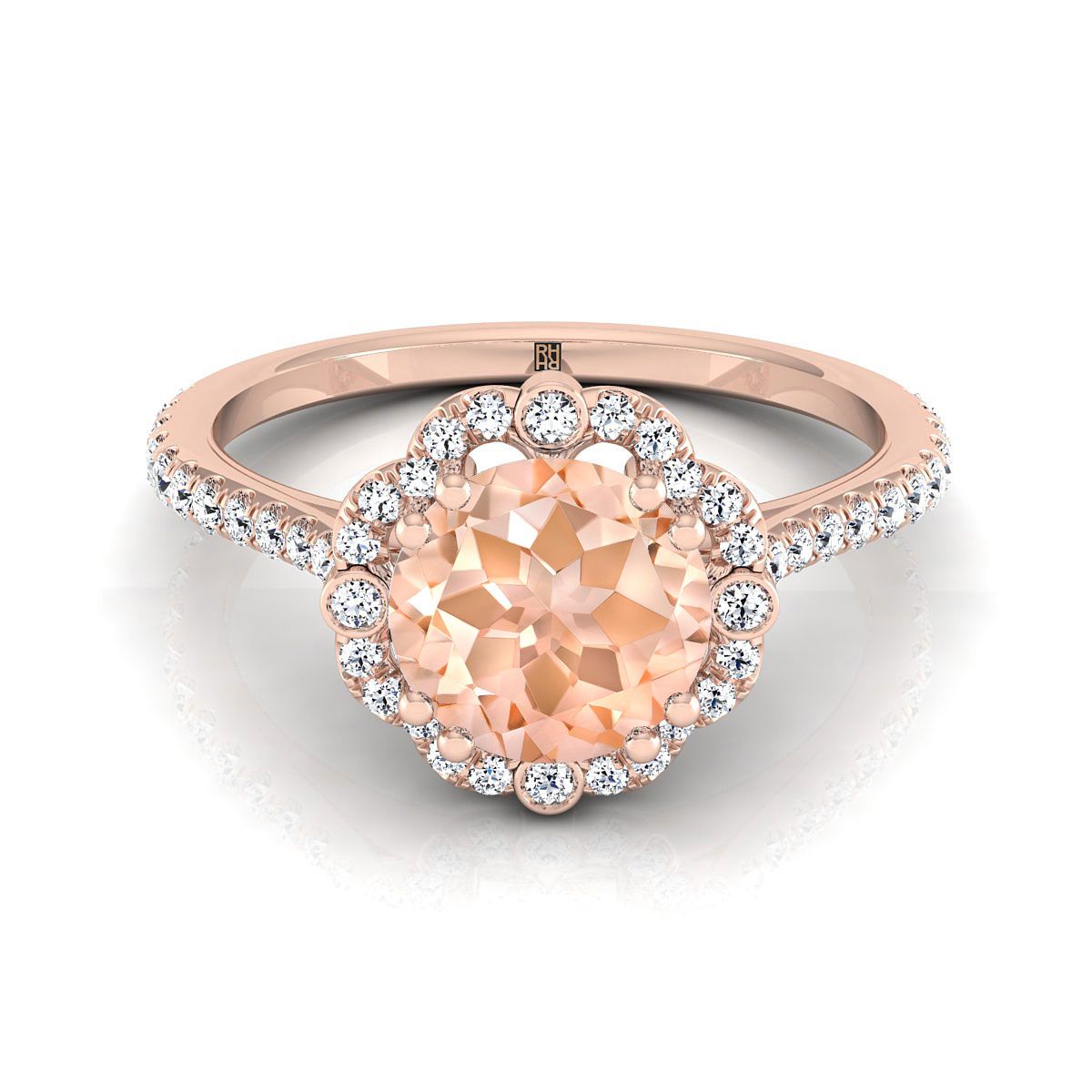 14K Rose Gold Round Brilliant Morganite Ornate Diamond Halo Vintage Inspired Engagement Ring -1/4ctw