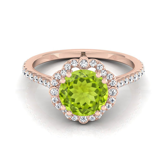 14K Rose Gold Round Brilliant Peridot Ornate Diamond Halo Vintage Inspired Engagement Ring -1/4ctw