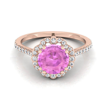 14K Rose Gold Round Brilliant Pink Sapphire Ornate Diamond Halo Vintage Inspired Engagement Ring -1/4ctw