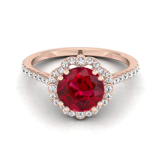 14K Rose Gold Round Brilliant Ruby Ornate Diamond Halo Vintage Inspired Engagement Ring -1/4ctw