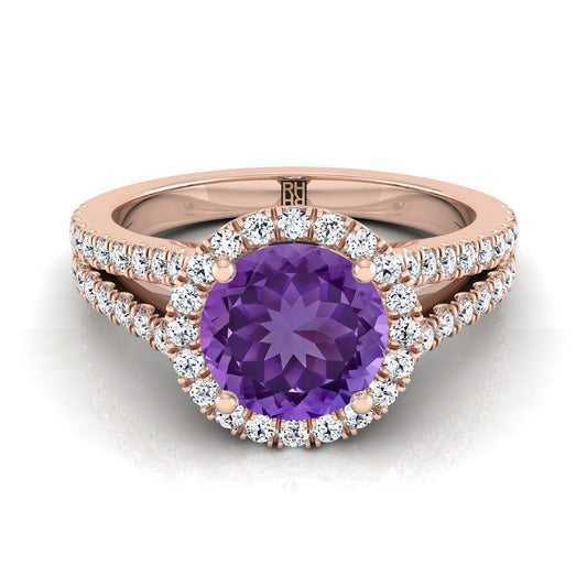 14K Rose Gold Round Brilliant Amethyst Halo Center with French Pave Split Shank Engagement Ring -3/8ctw