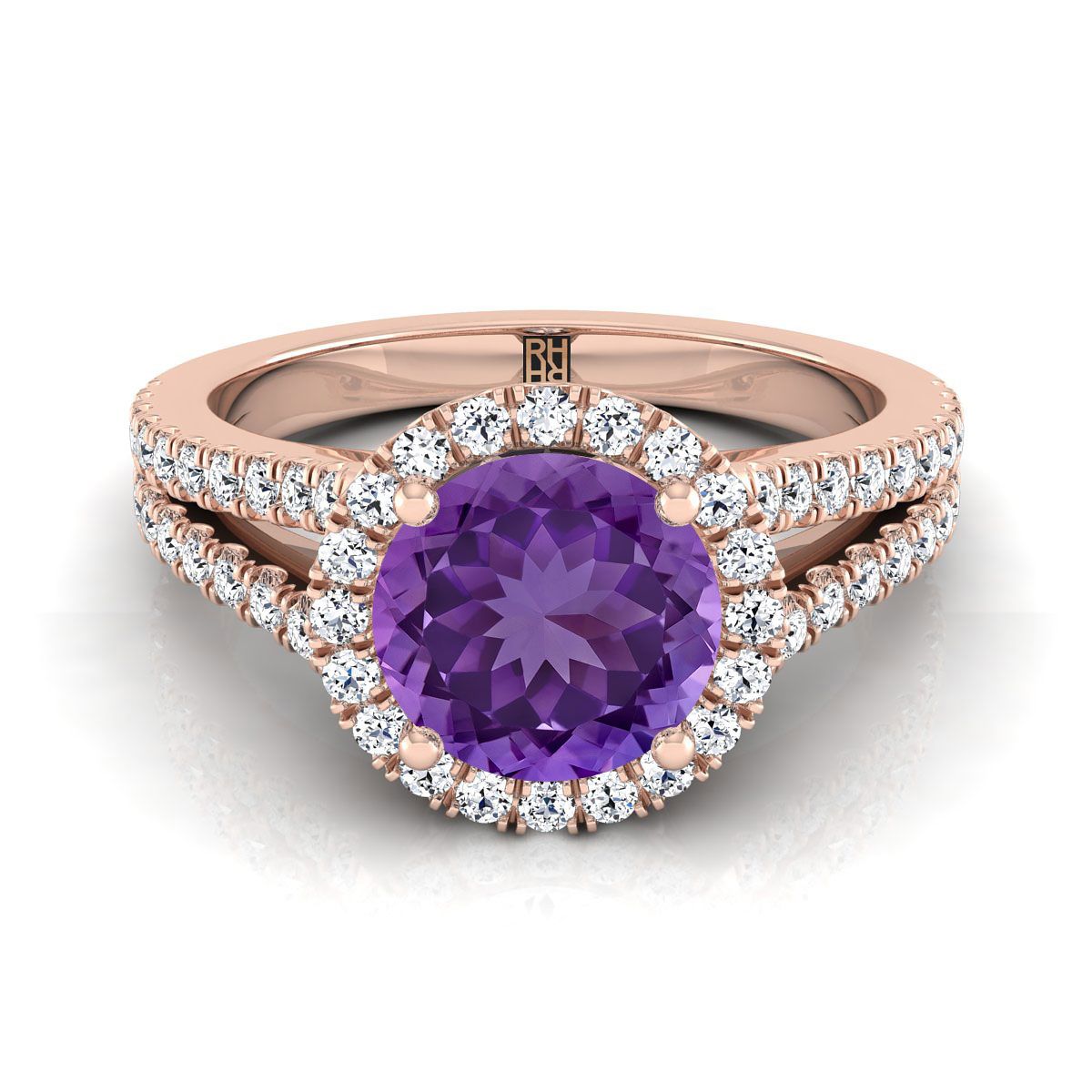 14K Rose Gold Round Brilliant Amethyst Halo Center with French Pave Split Shank Engagement Ring -3/8ctw
