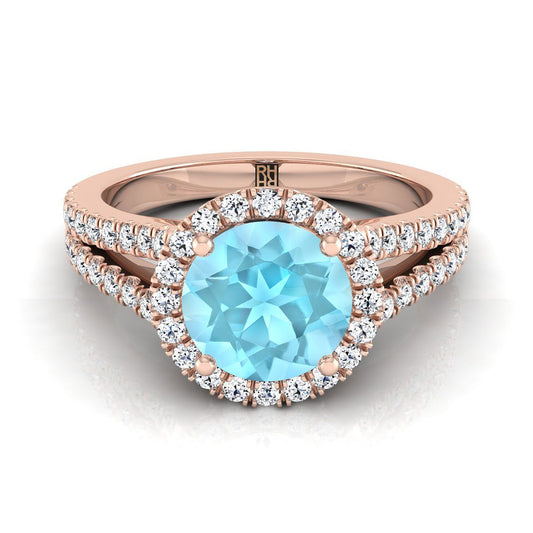14K Rose Gold Round Brilliant Aquamarine Halo Center with French Pave Split Shank Engagement Ring -3/8ctw