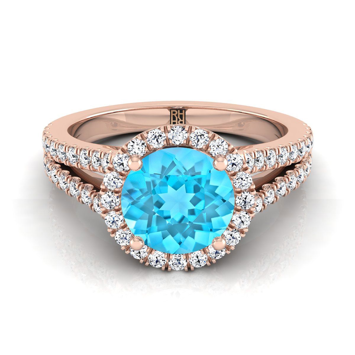 14K Rose Gold Round Brilliant Swiss Blue Topaz Halo Center with French Pave Split Shank Engagement Ring -3/8ctw