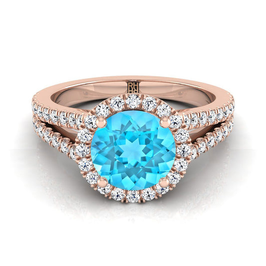 14K Rose Gold Round Brilliant Swiss Blue Topaz Halo Center with French Pave Split Shank Engagement Ring -3/8ctw