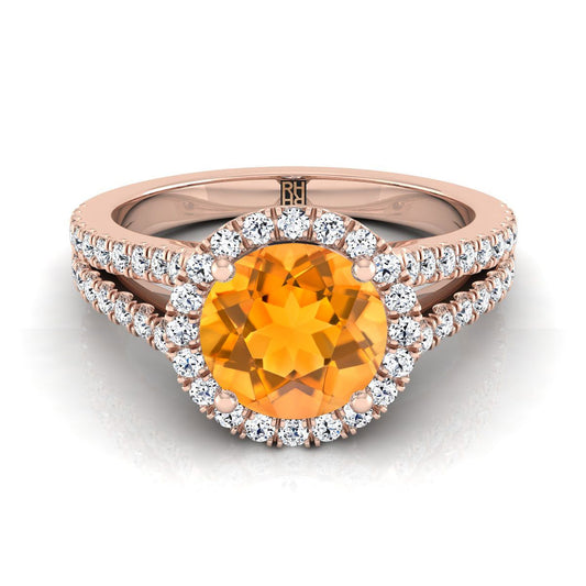 14K Rose Gold Round Brilliant Citrine Halo Center with French Pave Split Shank Engagement Ring -3/8ctw