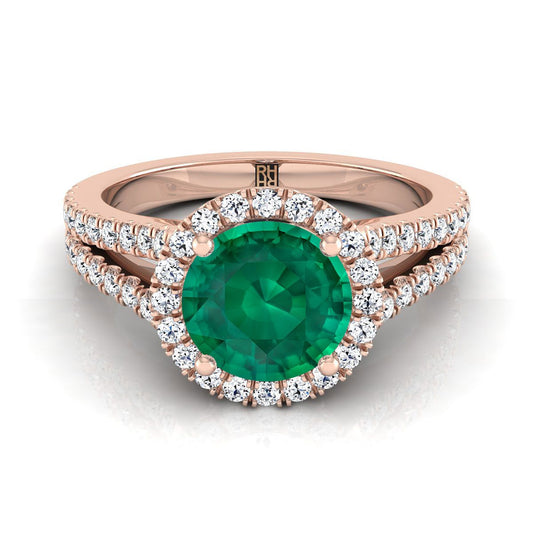 14K Rose Gold Round Brilliant Emerald Halo Center with French Pave Split Shank Engagement Ring -3/8ctw