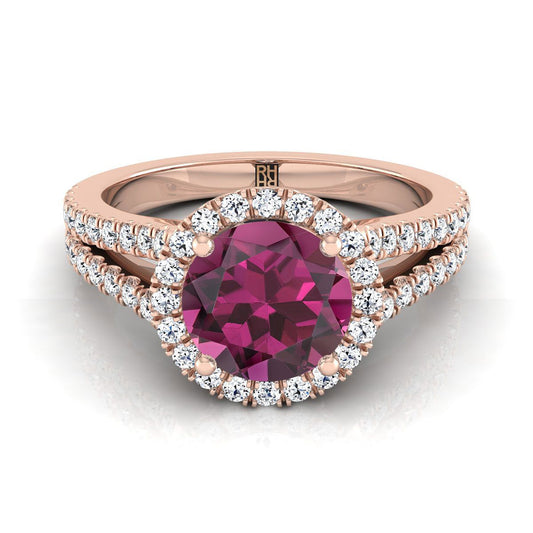 14K Rose Gold Round Brilliant Garnet Halo Center with French Pave Split Shank Engagement Ring -3/8ctw