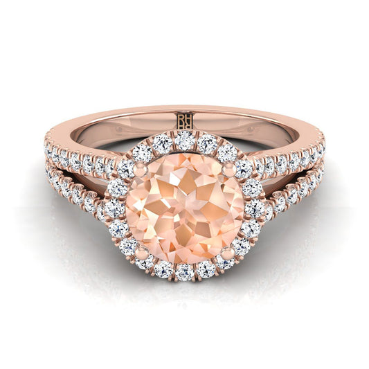 14K Rose Gold Round Brilliant Morganite Halo Center with French Pave Split Shank Engagement Ring -3/8ctw