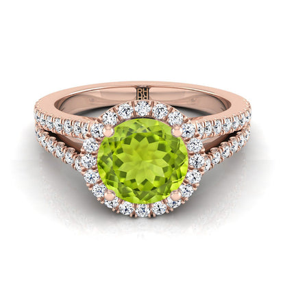 14K Rose Gold Round Brilliant Peridot Halo Center with French Pave Split Shank Engagement Ring -3/8ctw