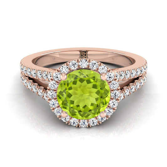 14K Rose Gold Round Brilliant Peridot Halo Center with French Pave Split Shank Engagement Ring -3/8ctw