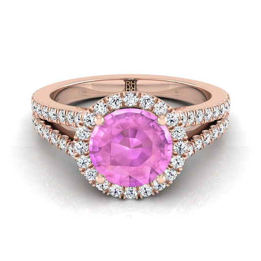 14K Rose Gold Round Brilliant Pink Sapphire Halo Center with French Pave Split Shank Engagement Ring -3/8ctw